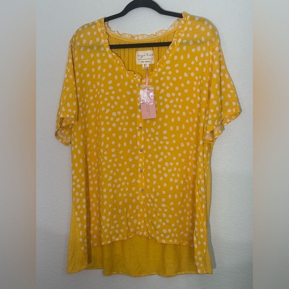 NEW WITH TAGS Evy’s Tree The Amber Blouse, Yellow White Polka Dot Blouse, 1X - Picture 2 of 10